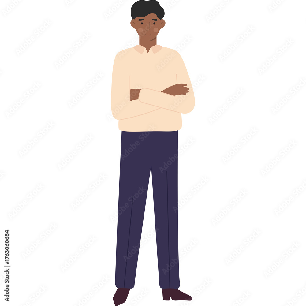 Fototapeta premium Full Body Pixel Art of a Man Standing Confidently with Arms Crossed Wearing a Light Peach Collared Shirt and Dark Blue Pants Against a Transparent Background