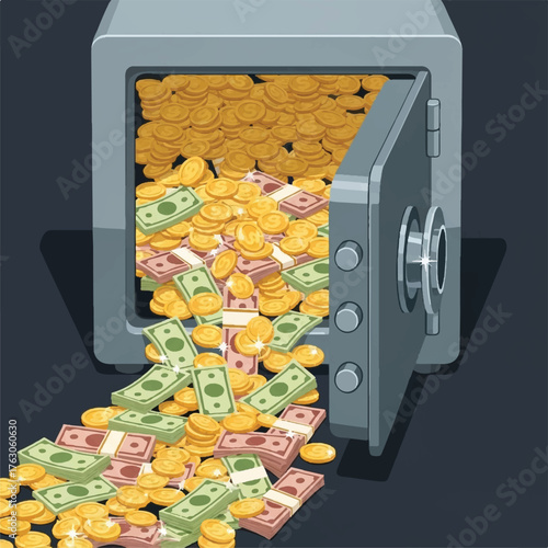 lots of coins and money in the safe