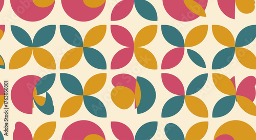 Retro 70s style seamless pattern with geometric flowers. Abstract floral background in a vintage color palette for wallpaper or fabric