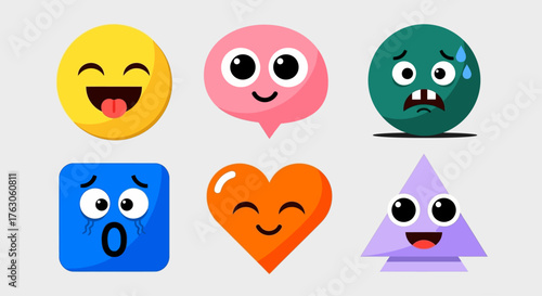 A playful and colorful collection of cartoon character faces and geometric shapes showcasing a range of diverse emotions