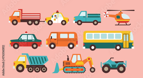 A colorful and playful set of various cartoon transportation vehicles for children's educational and design projects