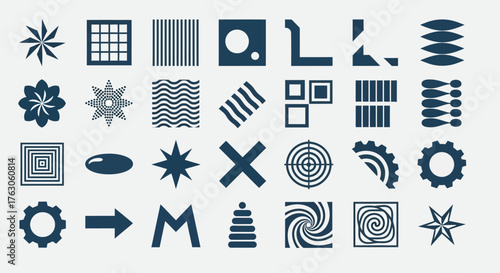 Abstract geometric shapes and bold symbol icons set. A collection of minimalist brutalist vector design elements for universal use