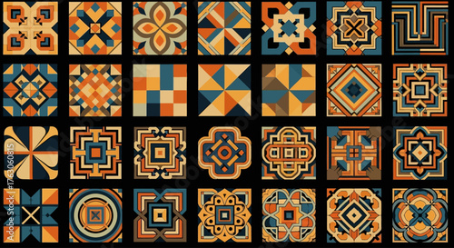 A versatile set of thirty square geometric tile patterns with a vibrant retro color palette, perfect for decorative backgrounds and ornamental designs