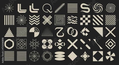Bold universal set of abstract geometric shapes and minimalist symbols, a modern collection of creative design elements