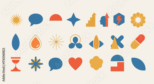 A diverse collection of minimalist vector icons and abstract geometric symbols in a retro color palette for modern branding