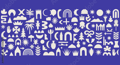 Abstract collection of modern geometric shapes and minimalist symbols. A digital pattern of bold icons inspired by nature and ancient culture