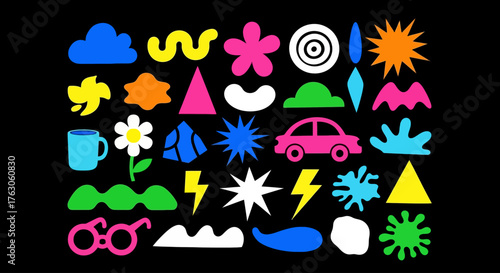 A diverse set of generative abstract elements and simple icons in a bold, colorful flat design style, isolated on a black background