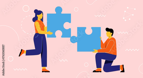 A man and a woman working together to connect two large puzzle pieces, representing a concept of collaboration, partnership, and finding solutions