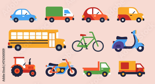 A vibrant assortment of land transport illustrations, featuring diverse vehicles for city and country travel in a modern flat style