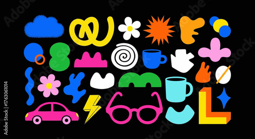 A bold and eclectic set of contemporary abstract shapes, fun doodle icons, and playful graphic elements for creative projects