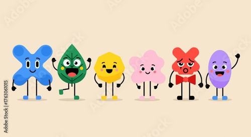Set of adorable and funny geometric shape characters with faces. A collection of cute friendly mascots in a flat vector design for animation and branding