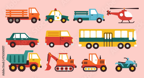 A diverse and colorful collection of cute cartoon transport vehicles, featuring a police car, bus, dump truck, and helicopter in a flat vector style