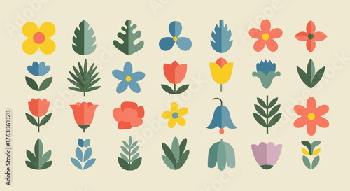 A vibrant collection of stylized geometric flowers and leaves, showcasing a diverse set of flat design botanical icons in a retro color palette