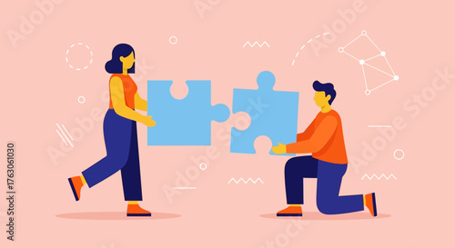 A collaborative duo connecting two large puzzle pieces, symbolizing teamwork, partnership, and finding solutions together in a modern flat illustration