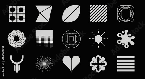 A versatile set of monochrome geometric shapes, abstract figures, and universal symbols for modern graphic design