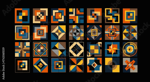 Dynamic collection of bold geometric emblems and abstract digital art featuring unique modular symbols and a vibrant color scheme