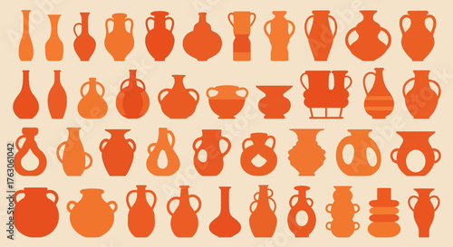 A diverse collection of ancient pottery silhouettes, featuring stylized vector forms of antique vases, urns, and amphorae in a warm palette