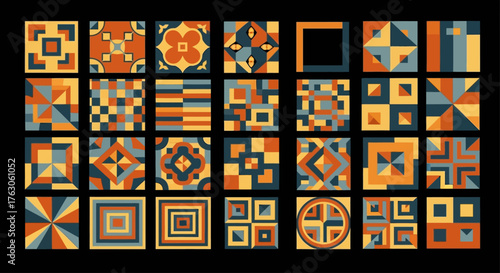 Collection of vibrant retro geometric patterns and tiles on a dark background inspired by mid-century modern design chad (115)