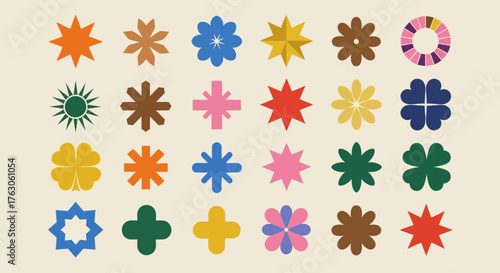 Abstract geometric forms and vibrant floral shapes inspired by retro aesthetics. A diverse collection of modern design elements and symbols for creative projects