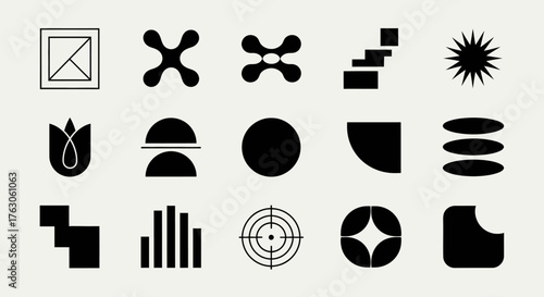 A versatile collection of bold black geometric shapes, abstract figures, and minimalist icons for modern branding and graphic design projects