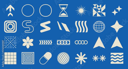 A curated set of bold universal icons and abstract geometric symbols with a distinctive Y2K and brutalist design aesthetic