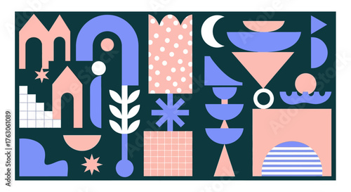 Creative digital collage of minimalist geometric forms and patterns in a contemporary pastel palette, chad (128).ai