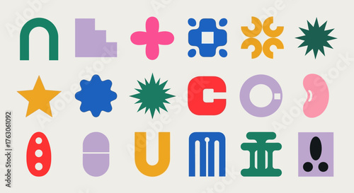 Bold collection of abstract geometric shapes and minimalist symbols. A vibrant set of colorful vector elements for contemporary design