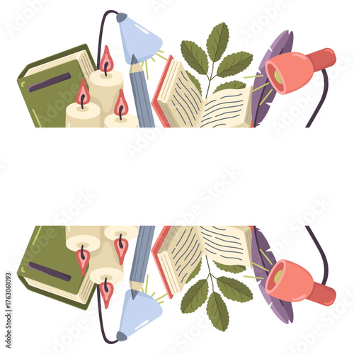 Vector banner with books, candles and lamps. Colored composition for school and library with copy space. World Book and Knowledge Day.