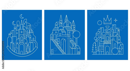 Set of three linear illustrations of fantasy castles and mythical cities in a minimalist blueprint architectural style