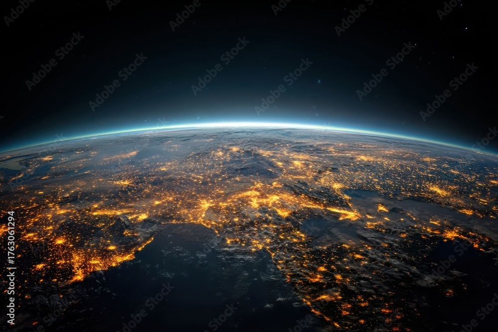 Obraz premium Earth at Night from Space View of City Lights and Atmosphere Perspective of Planet Horizon and Stars