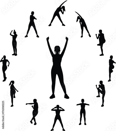 Black silhouette illustration of a woman stretching before exercising.