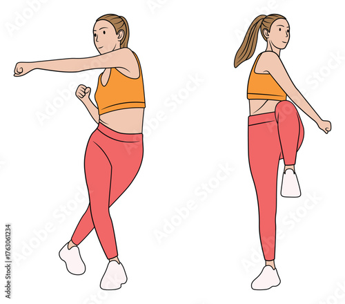 Illustration of a woman doing knee lifts and punches.