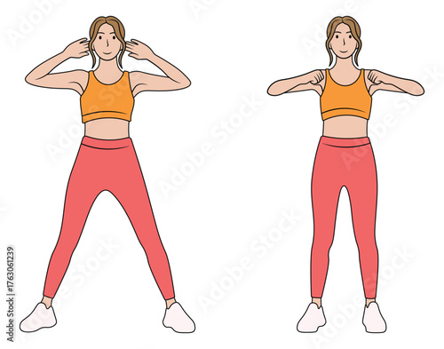 Illustration of woman doing standing crunches and shoulder exercises.