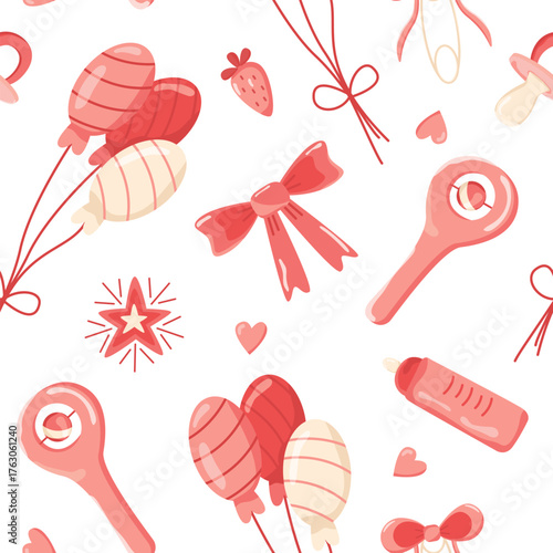 Seamless vector pattern with pink gender reveal party items. Illustrations feature balloons and bows, rattles, and stars.