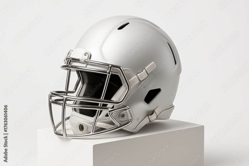 Fototapeta premium White football helmet three quarter angle on matte white acrylic block sleek metallic finish