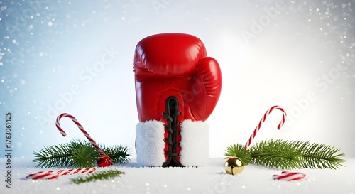 Red Boxing Glove with Santa Fur Trim and Candy Canes | Holiday Humor, Christmas Fitness, and Winter Fight Concept, boxing day