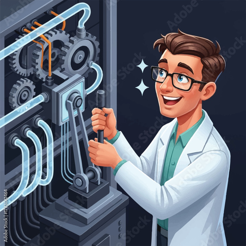 a scientist pulling the lever of a sophisticated machine