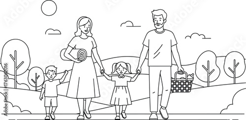 Lovely family enjoying a picnic outing together in nature, a simple line art scene of togetherness