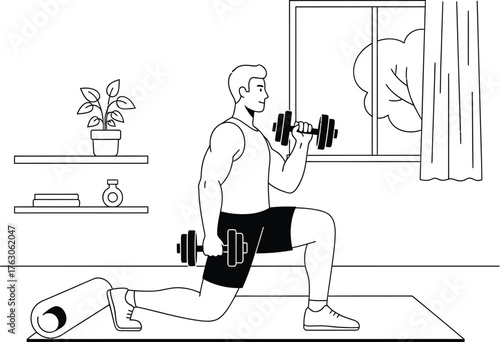 Man doing lunges with dumbbells in bright home gym with natural light for strength and wellness