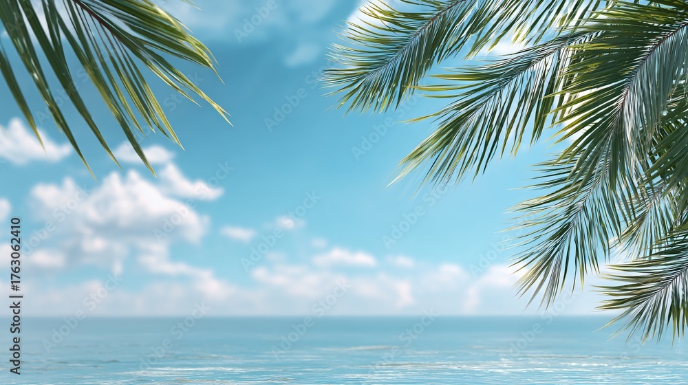 Fototapeta premium Tropical palm fronds frame a calm ocean under a clear blue sky with scattered clouds