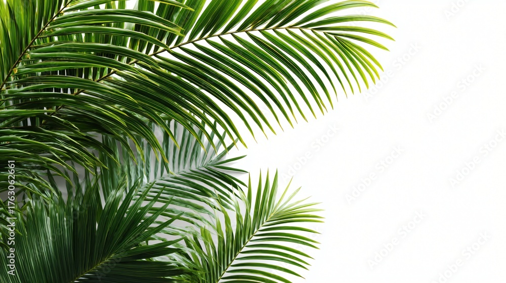 Fototapeta premium Lush green palm fronds with detailed veins against a clean white background conveying tropical elegance