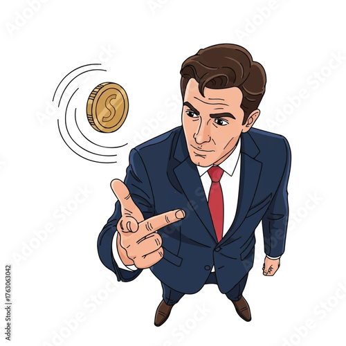 A worker is flipping a coin up into the air.