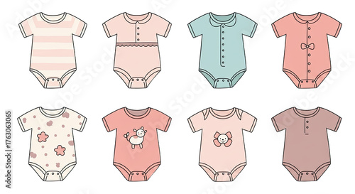 Set of cute baby onesies in pastel colors with various patterns and buttons, perfect for newborn clothing or baby shower designs
