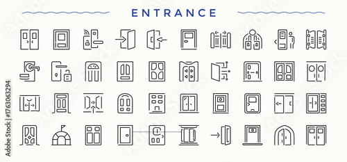 Entrance And Exit related icon set. Entrance linear icon collection. Pack of way, exit, access, open, close, quit and more. Vector collections.
