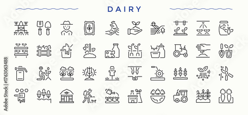 Dairy Farm icon pack. Isolated icons. Editable vector. Pixel perfect. Farming icon collection. Includes thin line symbols drink, food, farming, milk products, dairy and more.