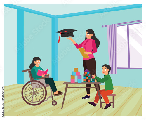 Special education preschool concept. Teacher Celebrates Learning With Graduation Cap Gift.