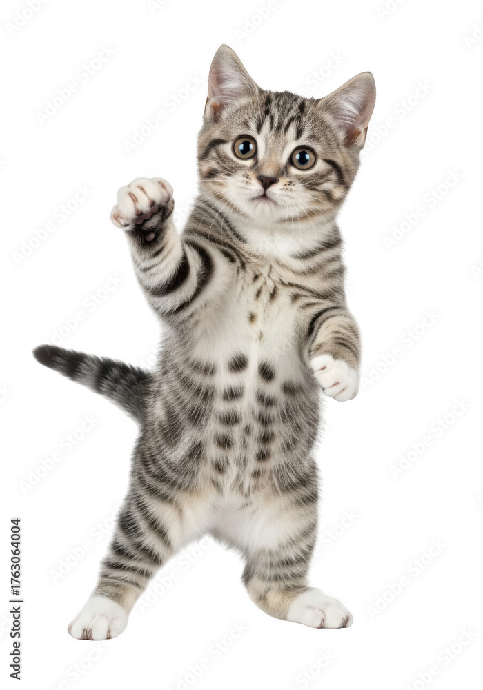 Obraz premium Funny standing cat waving paw cute kitten animal pet feline domestic kitty isolated on transparent background