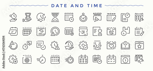 Date And Time icon set. Countdown thin linear style icons. Outline icons in linear style. Calendar linear icon set. Editable stroke. Pixel Perfect.