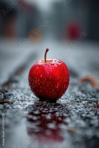 Red Apple Still Life on Wet Pavement Low Angle Close Up with Water Droplets and Reflection in Urban Setting