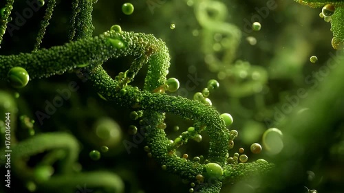 Microscopic 3D animation of green biological cells dividing and multiplying science and medicine research concept video footage.